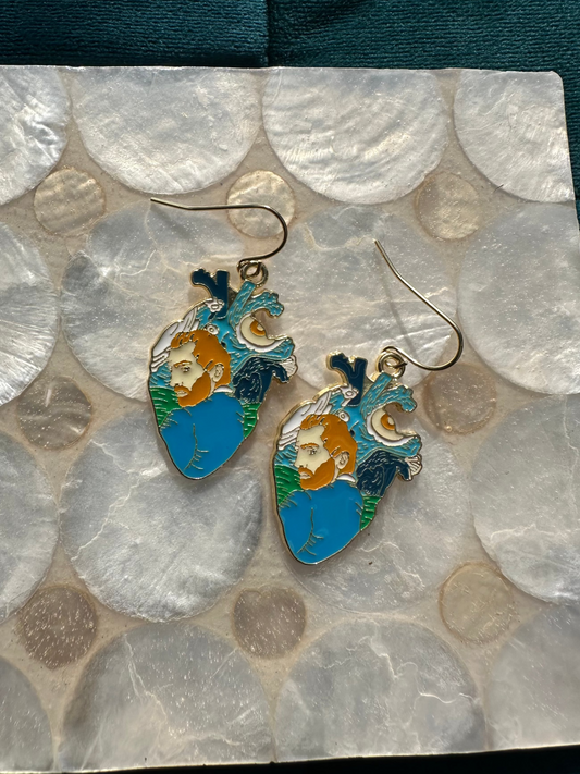 Van Gogh Inspired Blue Heart Enamel Earrings
