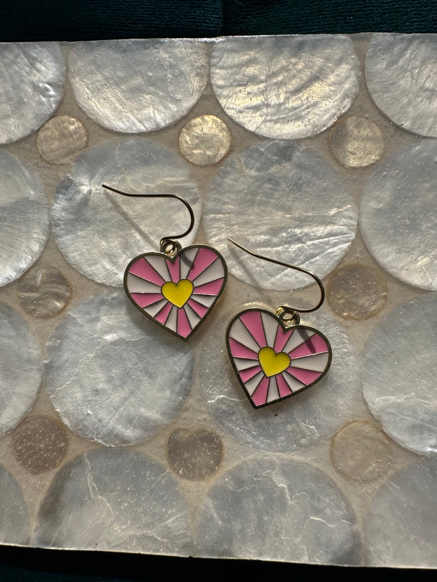 Yellow, Pink, White Heart Enamel Earrings