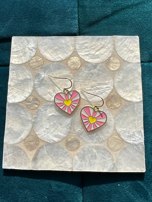Yellow, Pink, White Heart Enamel Earrings