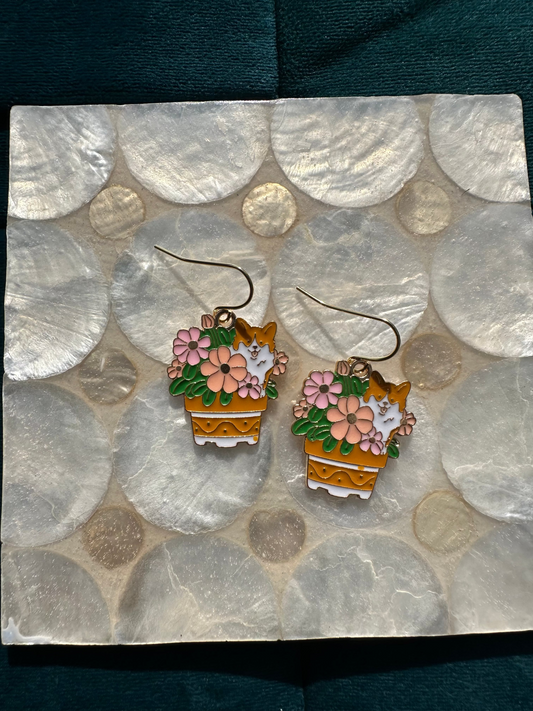 Shiba Inu / Corgi Dog With Flower Pot Plant Enamel Earrings