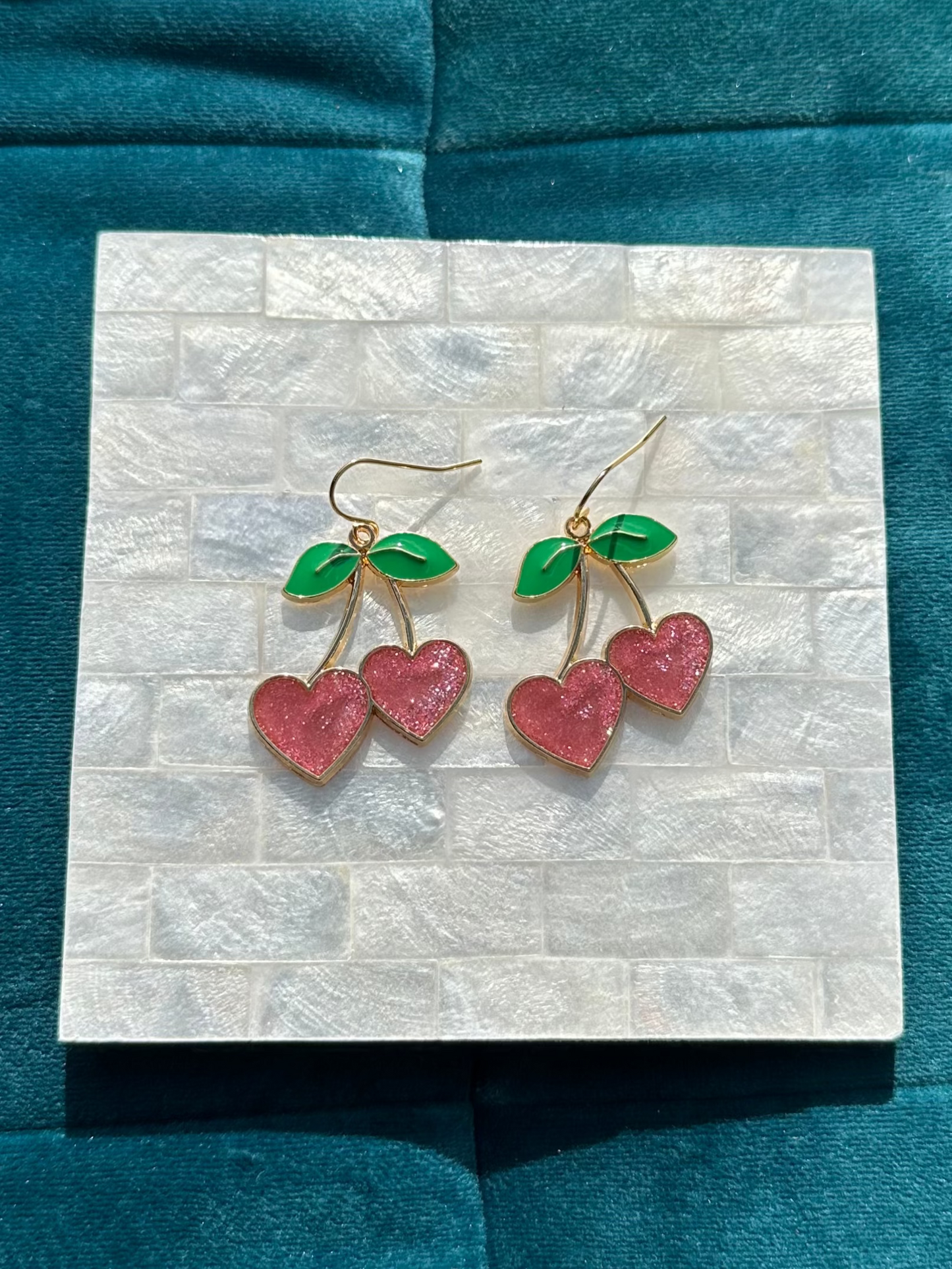 Heart Pink Glitter Cherry Earrings