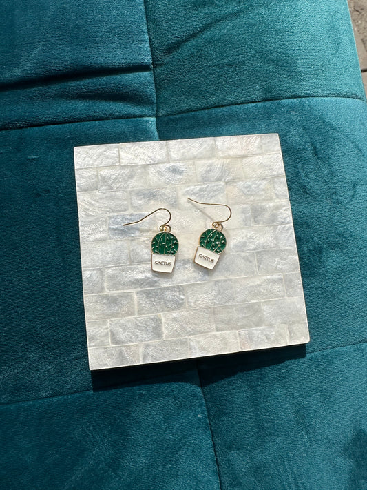 Round Cactus In Plant Pot Enamel Earrings