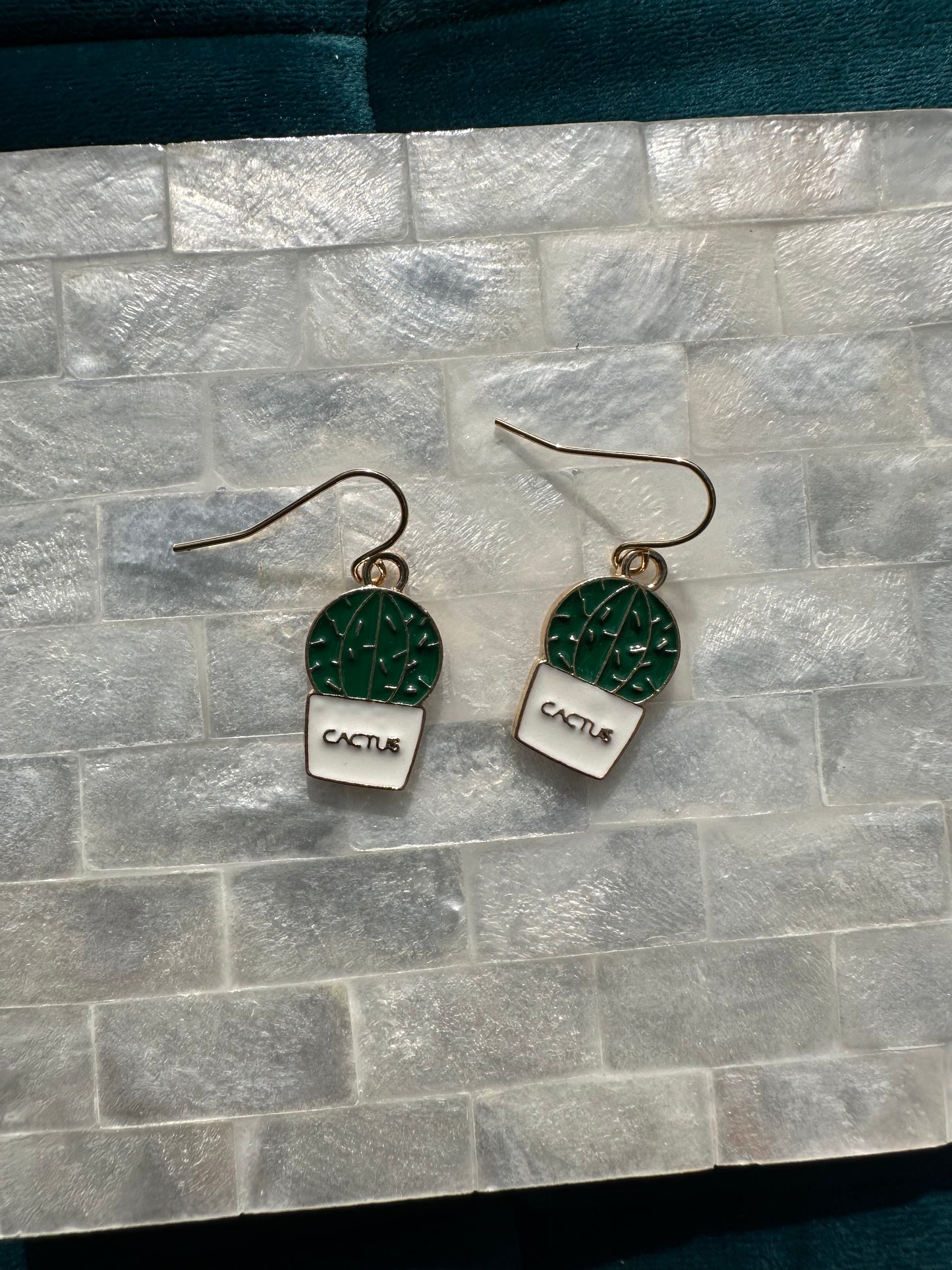 Round Cactus In Plant Pot Enamel Earrings